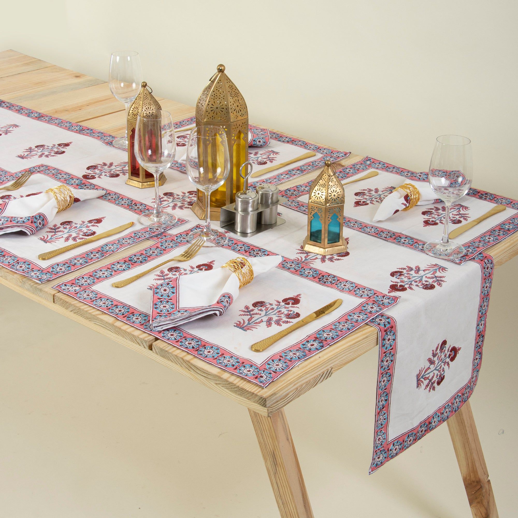 Maroon Boota Floral Block Printed Cotton Table Runner For Center Table